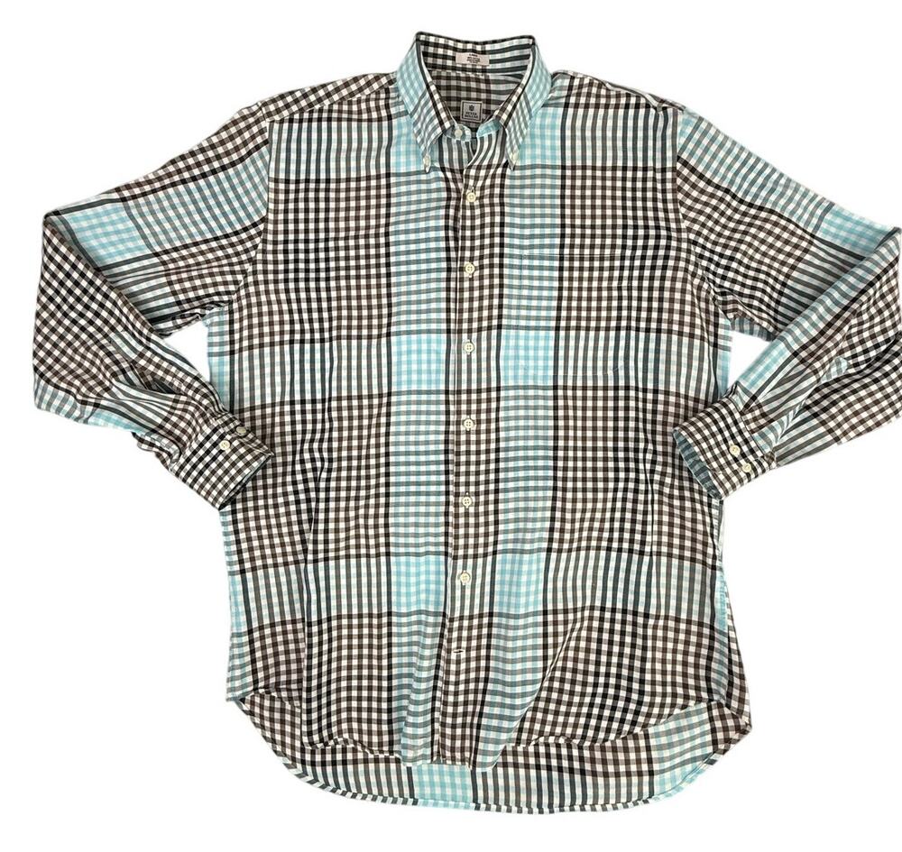 Peter Millar Mens Oxford Long Sleeve Shirt Aqua Brown Plaid Size Large Cotton